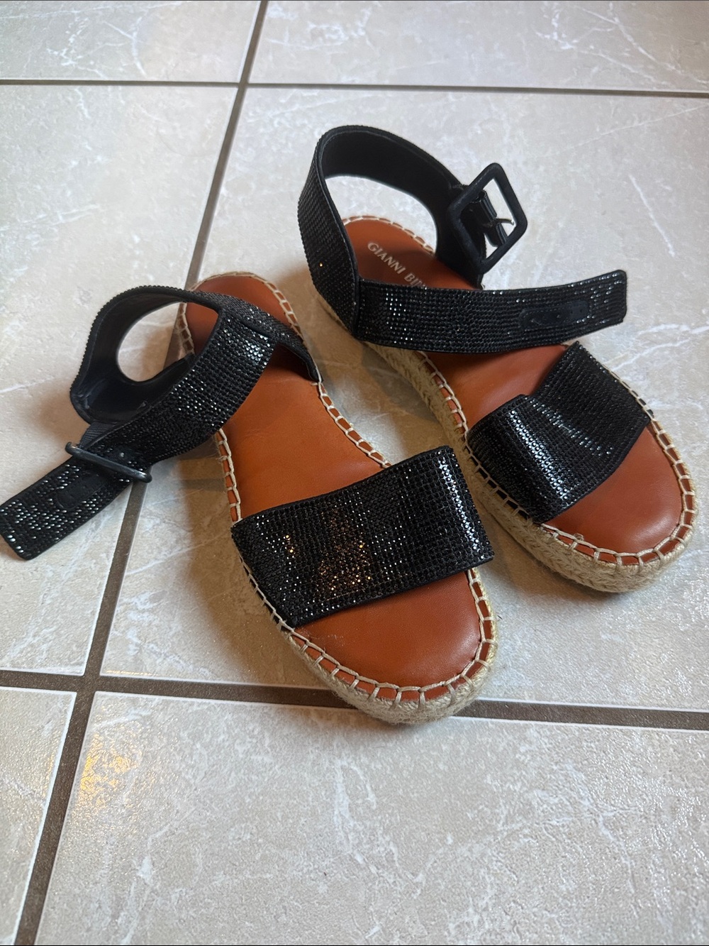 Gianni Bini Black Sparkle Strap Espadrille Sandals